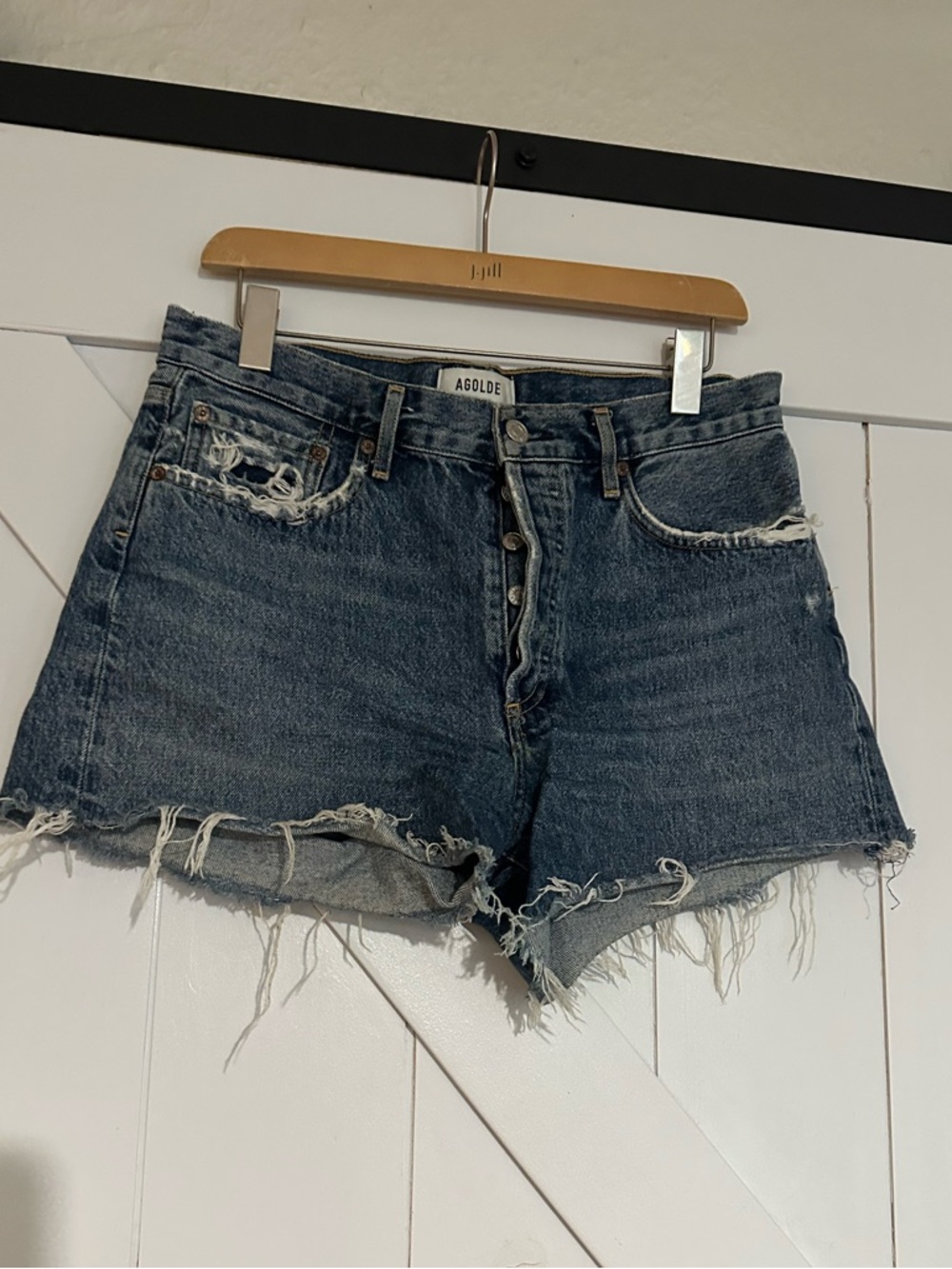 Agolde Dark Blue Distressed High-Rise Denim Cutoff Shorts